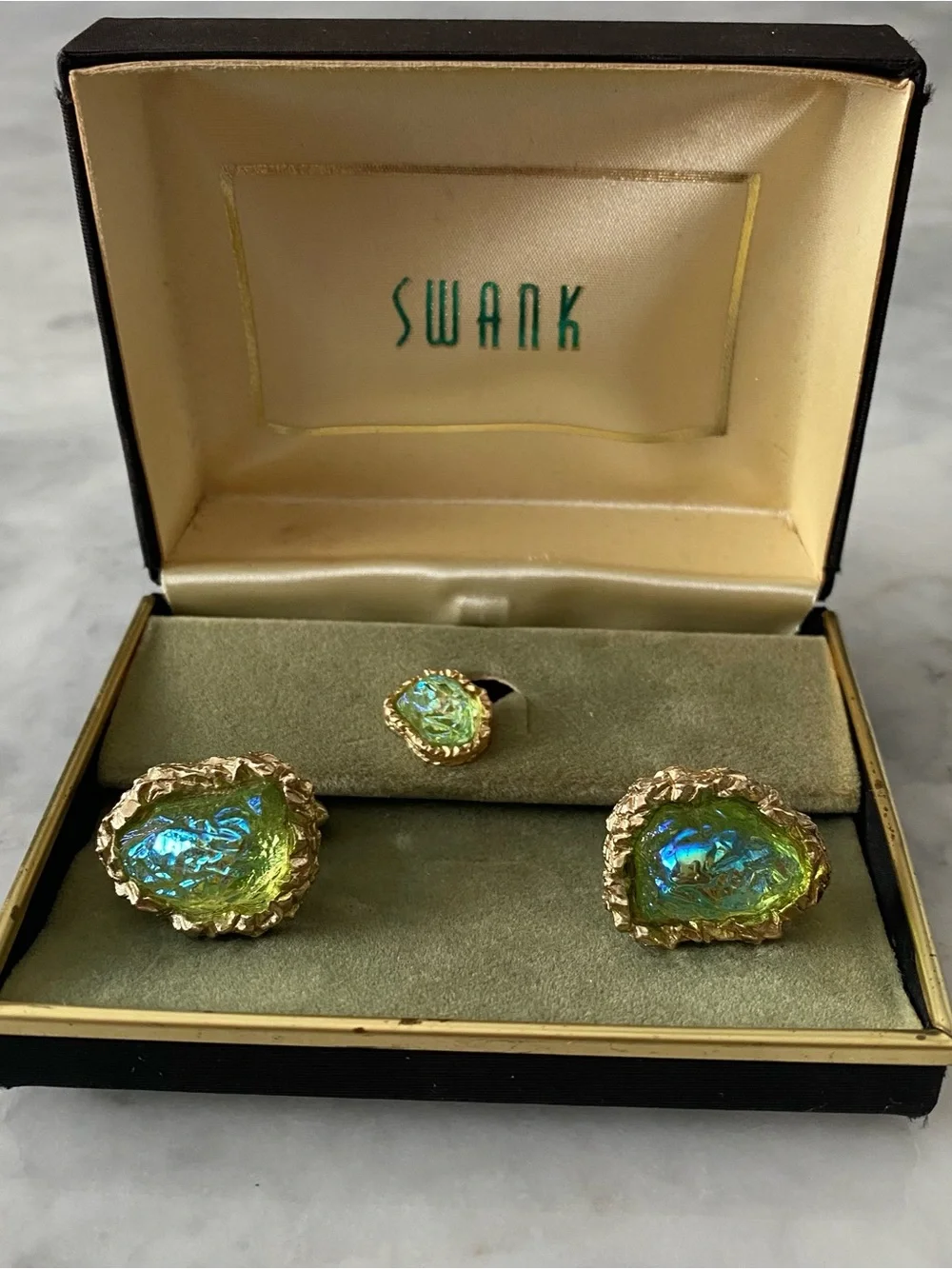 50’s Swank Cufflink And Tie Tack Set New In Box Gold Nugget Irridescent Stone